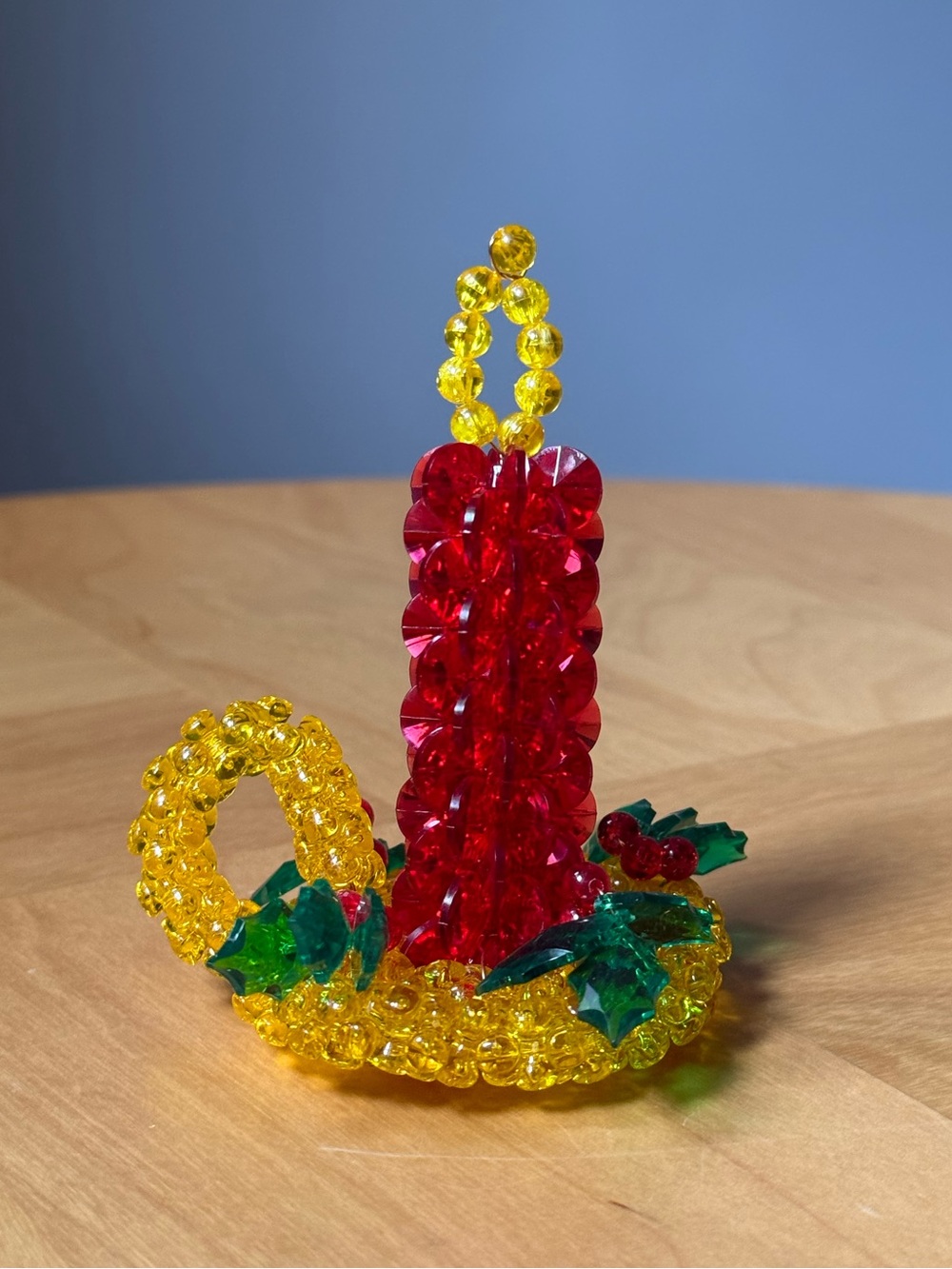 Vintage 1970-80s Handmade Homemade Christmas Tree Ornament Beaded Candle Holly